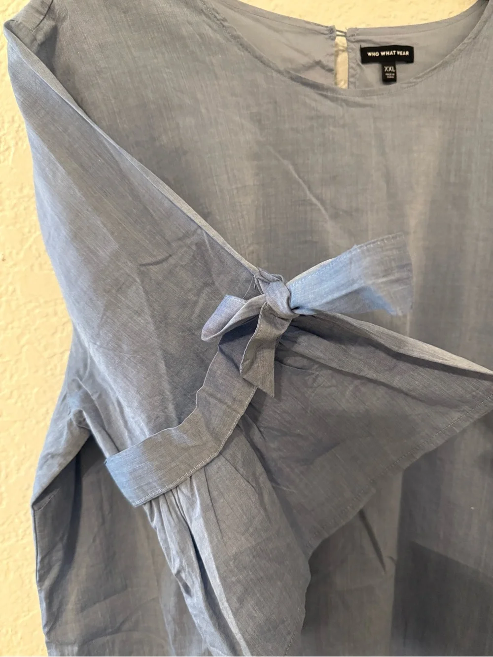 Who What Wear 100% Cotton Blue Shift Tunic Dress Tie Bell Sleeve Casual Size XXL